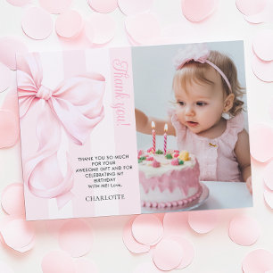 Pink Bow Girl First Birthday Flat Thank You Card