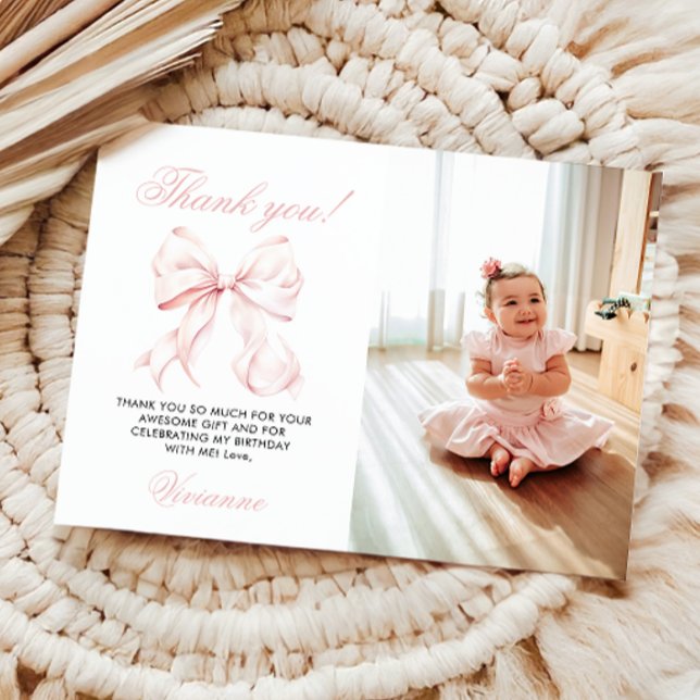 Pink Bow Girl First Birthday Flat Thank You Card (Creator Uploaded)