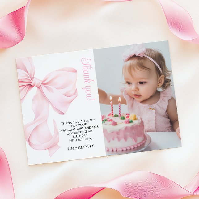 Pink Bow Girl First Birthday Flat Thank You Card (Creator Uploaded)