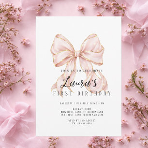 Pink Bow Girl First Birthday  Invitation