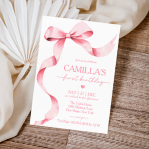 Pink Bow Girl First Birthday Invitation