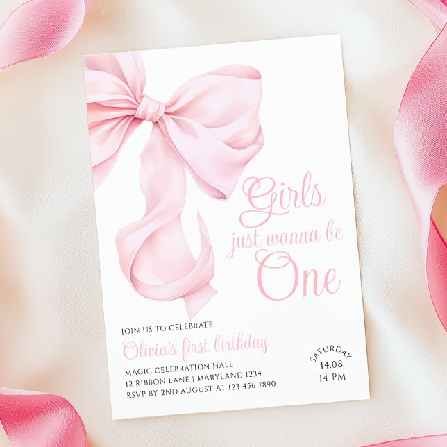 Pink Bow Girl First Birthday Invitation (Creator Uploaded)
