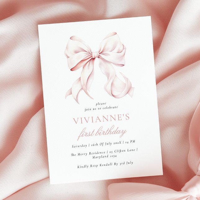 Pink Bow Girl First Birthday Invitation (Creator Uploaded)