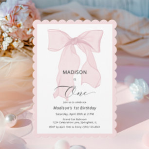 Pink Bow Girl First Birthday  Invitation