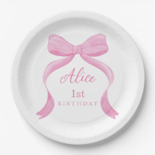 Pink Bow Girl First Birthday Paper Plate