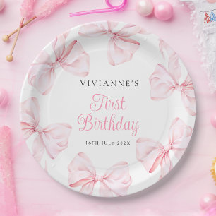 Pink Bow Girl First Birthday Paper Plate