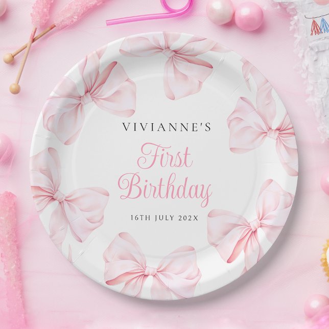 Pink Bow Girl First Birthday Paper Plate (Creator Uploaded)