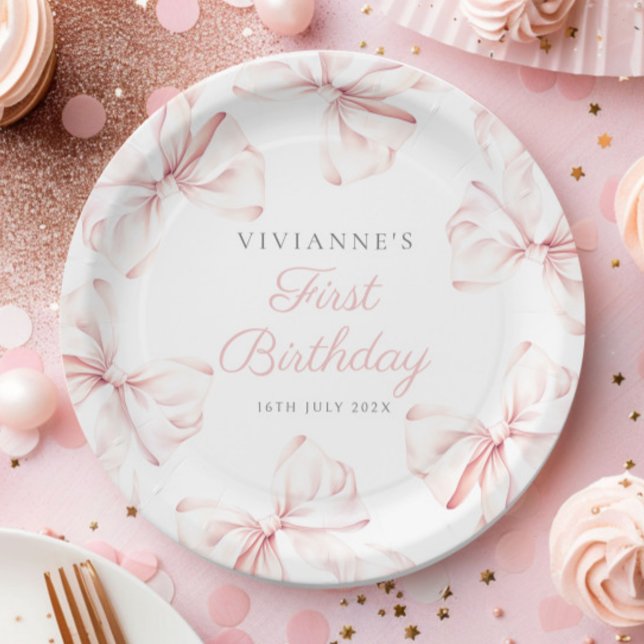 Pink Bow Girl First Birthday Paper Plate (Creator Uploaded)