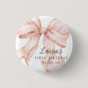 Pink Bow Girl First Birthday Party 3 Cm Round Badge