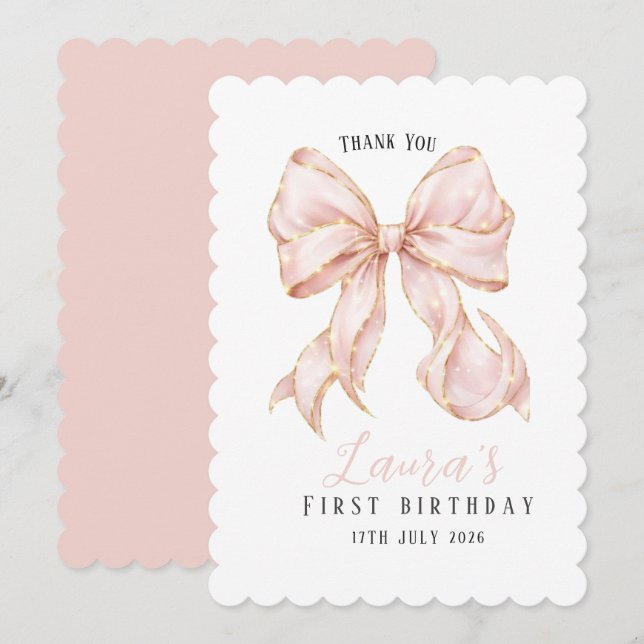 Pink Bow Girl First Birthday Party  Thank You Card (Front/Back)