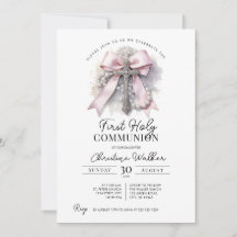 Pink Bow Girl First Holy Communion Invitation