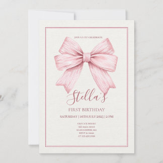 Pink Bow Girl First Invitation