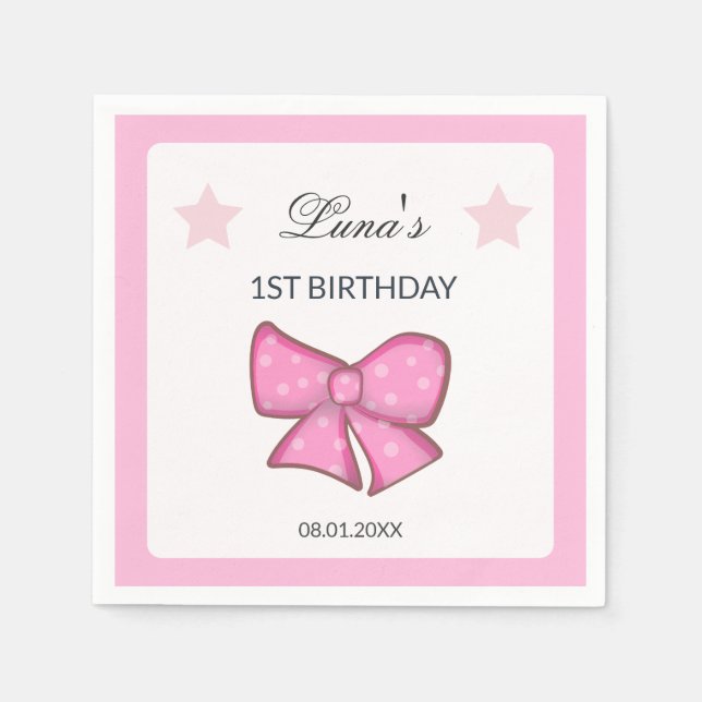 Pink Bow Girl Kids 1st Birthday  Napkin (Front)