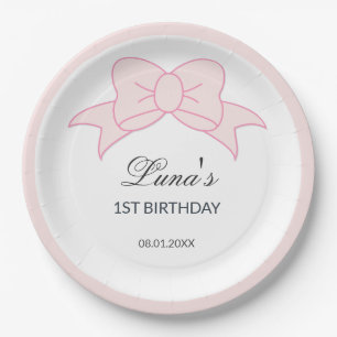 Pink Bow Girl Kids 1st Birthday  Paper Plate