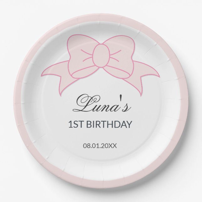 Pink Bow Girl Kids 1st Birthday  Paper Plate (Front)