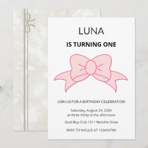 Pink Bow Girl Kids First Birthday  Invitation