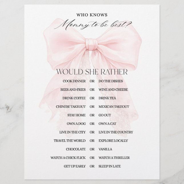 Pink Bow Girl Modern Baby Shower Games (Front)