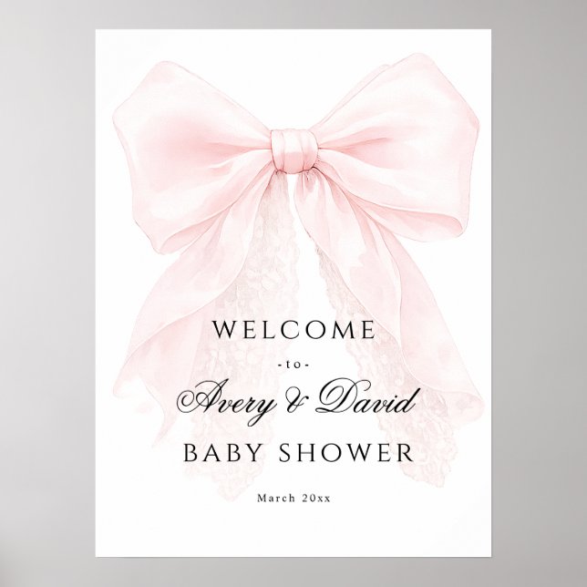 Pink Bow Girl Modern Baby Shower  Poster (Front)