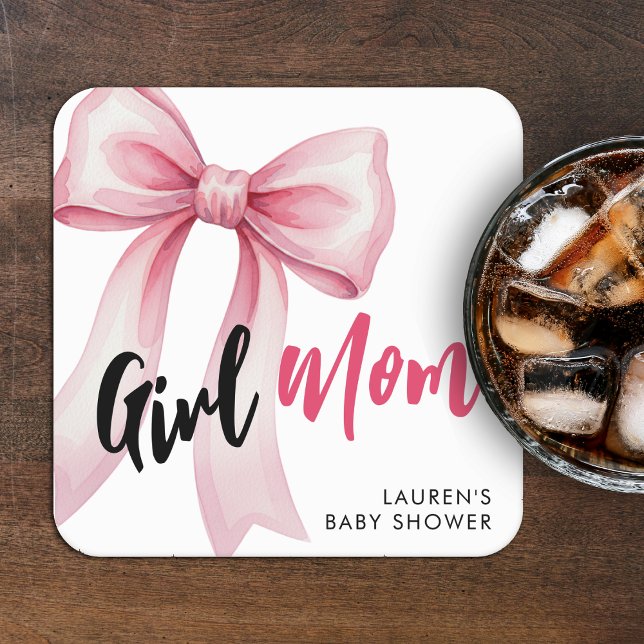 Pink Bow Girl Mom Ribbon Cute Baby Shower Square Paper Coaster (Creator Uploaded)