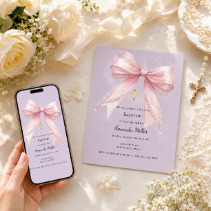 Pink bow girl pearls lavender Baptism Invitation
