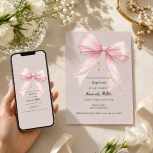 Pink bow girl pearls taupe Baptism Invitation