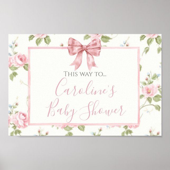 Pink Bow Girl Preppy Shower Directional Signage Poster (Front)