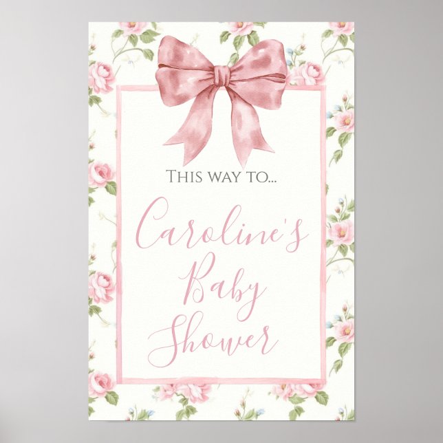 Pink Bow Girl Preppy Shower Directional Signage Poster (Front)