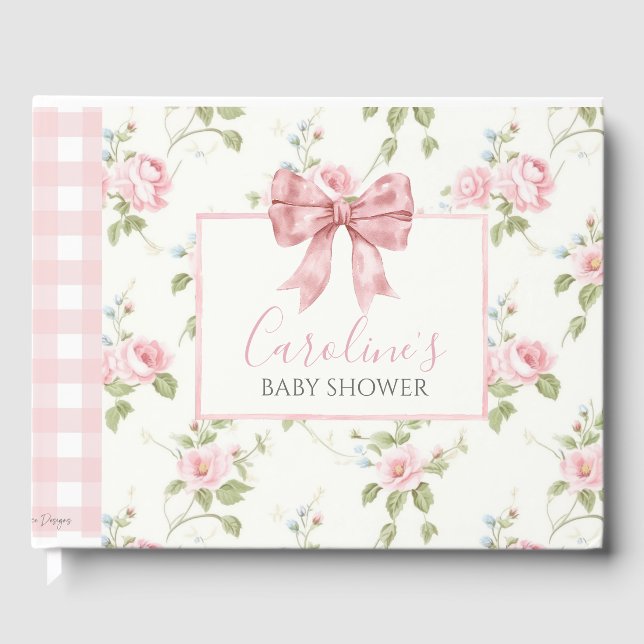 Pink Bow Girl Preppy Southern Baby Shower Guest Book (Front)