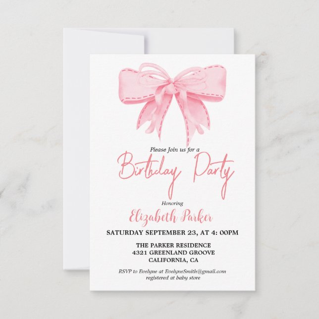 Pink Bow Girl Ribbon Birthday sprinkle Invitation (Front)