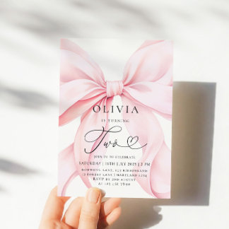 Pink Bow Girl Second Birthday  Invitation