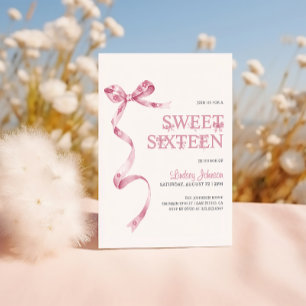 Pink Bow Girl Sweet Sixteen 16th Birthday Invitation