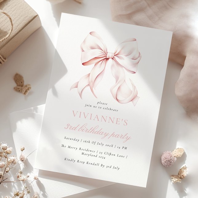 Pink Bow Girl Third Birthday Invitation (Creator Uploaded)