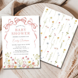 Pink Bow Girl Wildflower Floral Baby Shower Invitation