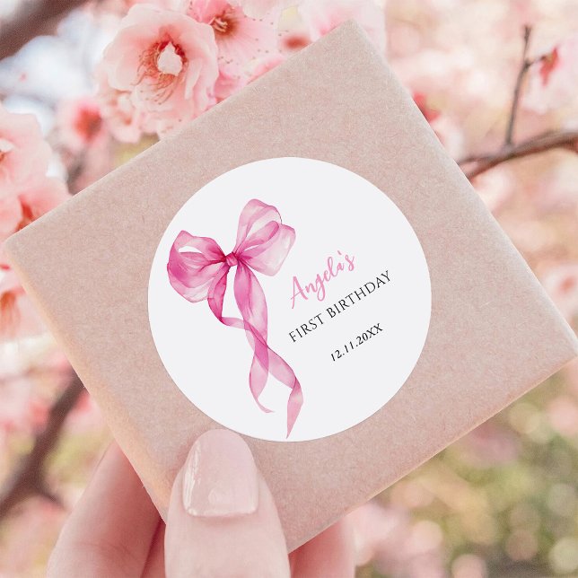 Pink Bow Girls 1st Birthday Classic Round Sticker (Creator Uploaded)