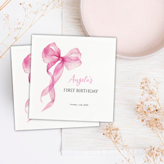 Pink Bow Girls 1st Birthday Napkin (Creator Uploaded)