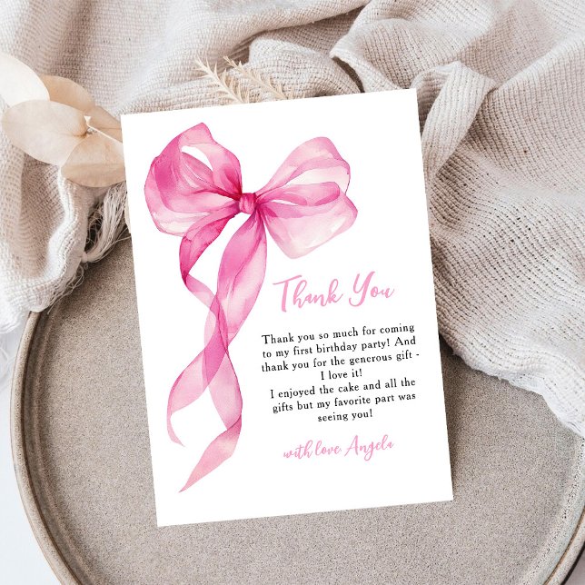 Pink Bow Girls 1st Birthday Thank You Card (Creator Uploaded)