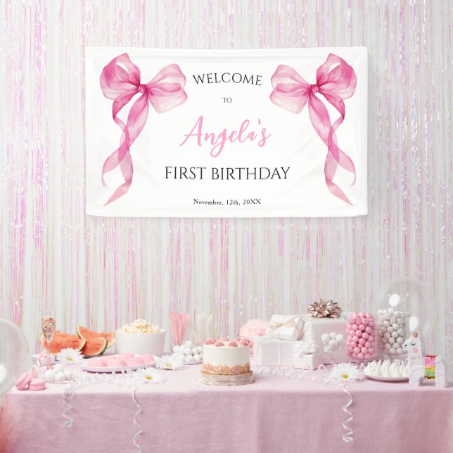 Pink Bow Girls 1st Birthday Welcome Banner (Party)