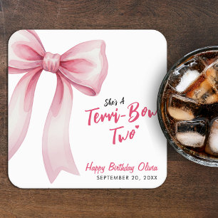 Pink Bow Girls 2nd Birthday Party Terrible Two Square Paper Coaster