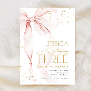 Pink Bow Girls 3rd Birthday  Invitation