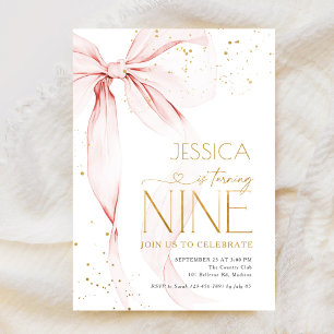 Pink Bow Girls 9th Birthday  Invitation