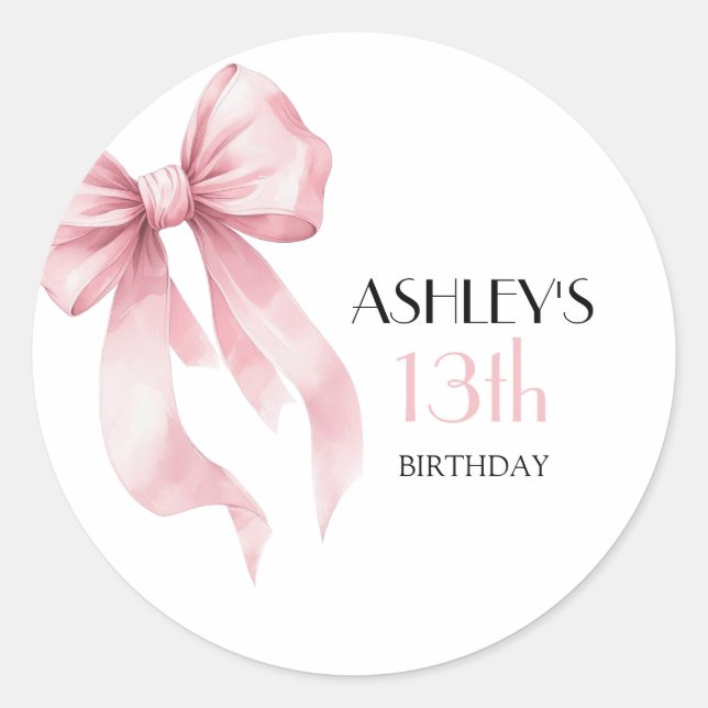 Pink Bow Girls Birthday Classic Round Sticker (Front)