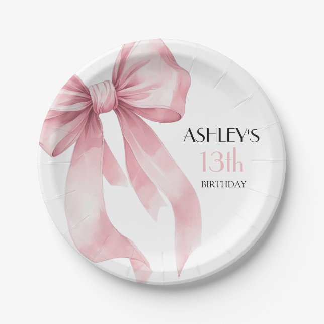Pink Bow Girls Birthday Paper Plate (Front)