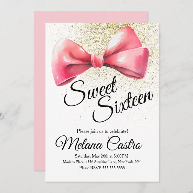 Pink Bow Girls Coquette Sweet 16 Birthday Invitation (Front/Back)