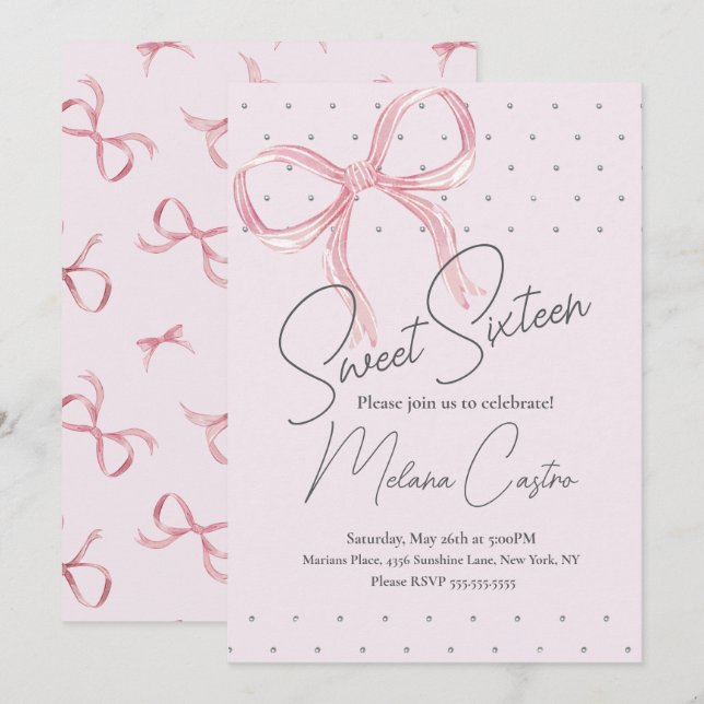 Pink Bow Girls Coquette Sweet 16 Birthday Invitation (Front/Back)