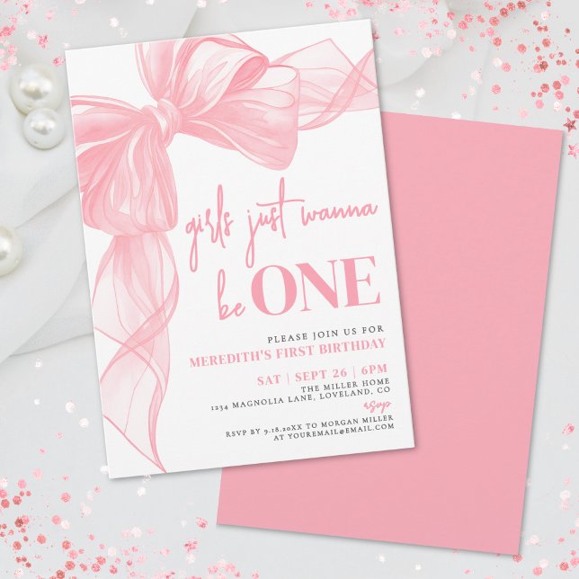 Pink Bow Girls Just Wanna Be ONE 1st Birthday Invitation (Pink Bow Girls Just Wanna Be ONE 1st Birthday Invitation)