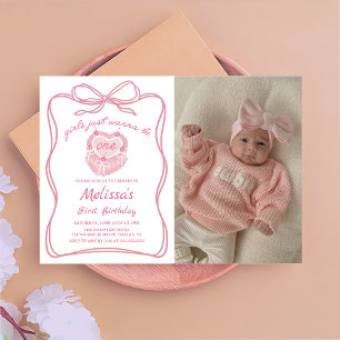 Pink Bow Girls Just Wanna Be One Birthday Photo Invitation