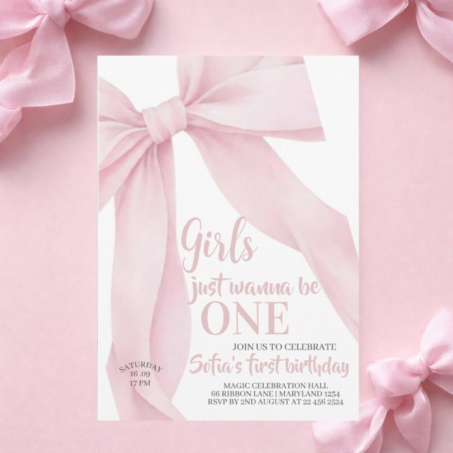  Pink Bow Girls Just Wanna be ONE First Birthday Invitation (Creator Uploaded)
