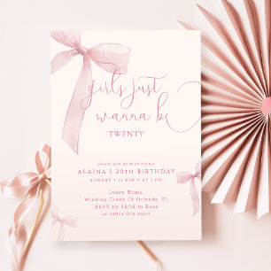 Pink Bow Girls Just Wanna be Twenty Birthday Invitation