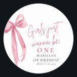 Pink Bow Girls Just Want To Be One 1st Birthday Classic Round Sticker<br><div class="desc">Add the perfect finishing touch with this Pink Bow “Girls Just Want To Be One” Birthday Sticker! 🎀 Featuring a soft blush background, modern bow detail, and playful typography, this square sticker is perfect for favour bags, party cups, envelope seals, and more. Ideal for a chic and coquette-inspired birthday celebration,...</div>
