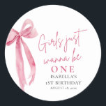 Pink Bow Girls Just Want To Be One 1st Birthday Classic Round Sticker<br><div class="desc">Add the perfect finishing touch with this Pink Bow “Girls Just Want To Be One” Birthday Sticker! 🎀 Featuring a soft blush background, modern bow detail, and playful typography, this square sticker is perfect for favour bags, party cups, envelope seals, and more. Ideal for a chic and coquette-inspired birthday celebration,...</div>